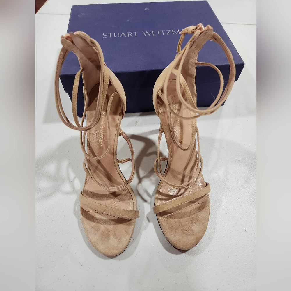 Stuart Weitzman Myex Bisque Suede Tan Strappy Heels Sandals Vanessa Hudgens